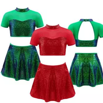 Комплект из 2 предметов для девочек, гимнастическое платье с пайетками для фигурного катания, джаза, латиноамериканских танцев, укороченный топ с юбкой, карнавальный костюм для рождественской новогодней вечеринки 3-4 Years красный