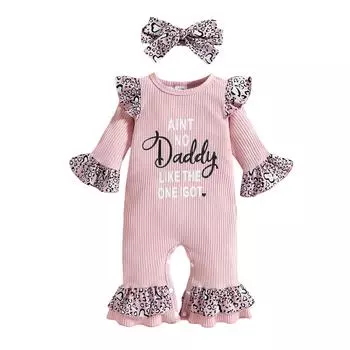 Комплект из 2 предметов для девочек, комбинезон с круглым вырезом, расклешенными рукавами и принтом букв и леопарда + повязка на голову для малышей, 0-18 месяцев 0-3 Months розовый