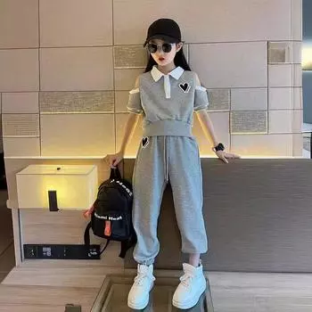 Комплект из 2 предметов для девочек, летняя свободная футболка с коротким рукавом, повседневные шорты, спортивный повседневный костюм с принтом и буквами, короткая пижама большого размера 170 серый