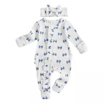 Комплект из 2 предметов для девочек, осенний комбинезон с длинными рукавами, бантом и повязкой на голову, одежда для новорожденных Newborn розовый