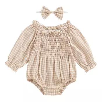 Комплект из 2 предметов для девочек, осенняя одежда, боди с открытыми плечами, длинными рукавами, сборками и повязкой на голову, комплект детской одежды 0-3 Months хаки