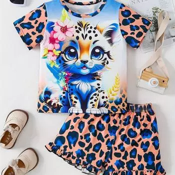 Комплект из 2 предметов для девочек с ярким тигровым принтом — комплект с короткими рукавами и яркими шортами — повседневная летняя одежда для повседневных приключений 100