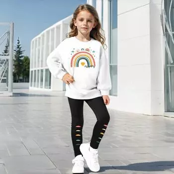 Комплект из 2 предметов для девочек, свитшот с длинными рукавами и радужным принтом + леггинсы, повседневный костюм для детей на зиму/осень 3-4Y