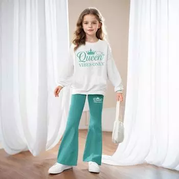 Комплект из 2 предметов для девочек, толстовка с капюшоном и принтом «Королева» с длинными рукавами и расклешенные брюки, детский костюм для отдыха на открытом воздухе 5-6Y
