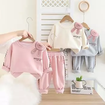 Комплект из 2 предметов для девочек, весенняя детская одежда, корейский детский наряд, милый свитер с заячьими ушками и штанами, костюмы для детей от 1 до 5 лет 80 серый