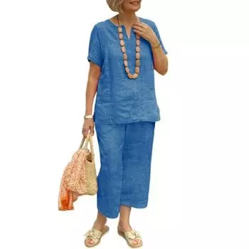 Комплект из 2 предметов для дома из хлопка и льна для женщин, свободный топ с V-образным вырезом и короткими рукавами, подходящие широкие брюки, летний повседневный наряд 3XL