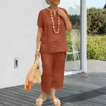 Комплект из 2 предметов для дома из хлопка и льна для женщин, свободный топ с V-образным вырезом и короткими рукавами, подходящие широкие брюки, летний повседневный наряд 3XL оранжевый