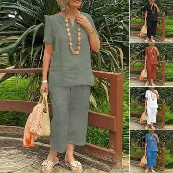 Комплект из 2 предметов для дома из хлопка и льна для женщин, свободный топ с V-образным вырезом и короткими рукавами, подходящие широкие брюки, летний повседневный наряд 3XL