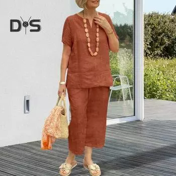 Комплект из 2 предметов для дома из хлопка и льна для женщин, свободный топ с V-образным вырезом и короткими рукавами, подходящие широкие брюки, летний повседневный наряд 3XL темно-зеленого