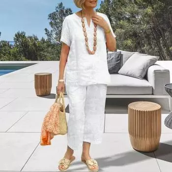 Комплект из 2 предметов для дома из хлопка и льна для женщин, свободный топ с V-образным вырезом и короткими рукавами, подходящие широкие брюки, летний повседневный наряд 3XL