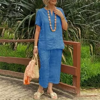 Комплект из 2 предметов для дома из хлопка и льна для женщин, свободный топ с V-образным вырезом и короткими рукавами, подходящие широкие брюки, летний повседневный наряд 3XL темно-зеленого