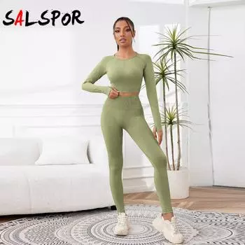 Комплект из 2 предметов для йоги, женский бесшовный фитнес-топ с длинным рукавом, комплект для йоги, леггинсы Push Up, костюм для йоги M чёрный