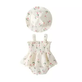 Комплект из 2 предметов для летних нарядов для девочек, без рукавов, с цветочным принтом, присборенное платье-комбинезон с солнцезащитной шляпой 6-9 Months светло-желтого