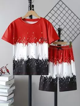 Комплект из 2 предметов для мальчика, комплект футболки и шорт, топ с короткими рукавами с цветными блоками, повседневная одежда, детская одежда на лето S