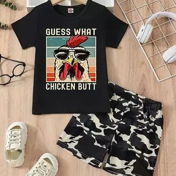 Комплект из 2 предметов для мальчиков: футболка с короткими рукавами и камуфляжные шорты с принтом курицы 100cm