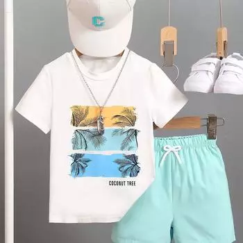 Комплект из 2 предметов для мальчиков: футболка с короткими рукавами и шорты с графическим принтом кокосовой пальмы 100cm