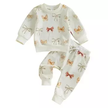 Комплект из 2 предметов для маленьких девочек, толстовка с длинными рукавами, круглым вырезом и принтом банта, спортивные штаны на резинке, осенняя одежда 6-12 Months