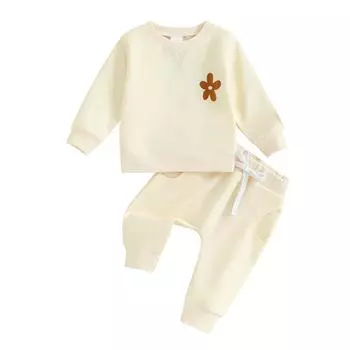 Комплект из 2 предметов для маленьких девочек, 3 мес, 6 мес, 12 мес, 18 мес, 24 мес, 3 года, повседневный комплект из толстовки с круглым вырезом с длинными рукавами и цветочной вышивкой для малышей и однотонных брюк 6-12 Months розовый