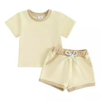 Комплект из 2 предметов для маленьких девочек 6, 12, 18, 24 месяцев, 3 лет, футболка контрастного цвета с короткими рукавами и эластичные шорты, комплект, милая летняя одежда 0-6 Months абрикосовый