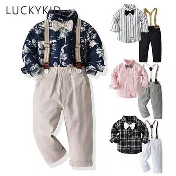 Комплект из 2 предметов для маленьких мальчиков, джентльменская праздничная одежда, комплект из 100% хлопка, однотонные брюки на подтяжках и клетчатая рубашка с длинными рукавами 70