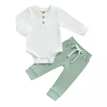Комплект из 2 предметов для маленьких мальчиков, однотонные комбинезоны в рубчик с длинными рукавами и эластичные штаны, осенне-весенняя одежда 0-3 Months кофейный