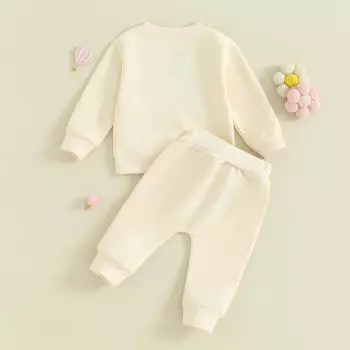 Комплект из 2 предметов для маленьких девочек, 3 мес, 6 мес, 12 мес, 18 мес, 24 мес, 3 года, повседневный комплект из толстовки с круглым вырезом с длинными рукавами и цветочной вышивкой для малышей и однотонных брюк 2-3 Years бежевый