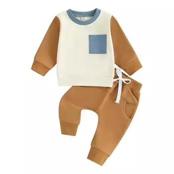 Комплект из 2 предметов для маленьких мальчиков, 3 мес, 6 мес, 12 мес, 18 мес, 24 мес, 3 года, контрастный цвет, толстовка с длинными рукавами и эластичные штаны для малышей, осенняя одежда 2-3 Years бежевый