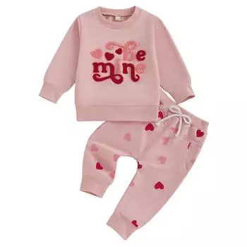 Комплект из 2 предметов для маленьких девочек, толстовка с капюшоном с длинными рукавами, вышитыми буквами и принтом в виде сердца, спортивные штаны, одежда на День святого Валентина 6-12 Months розовый