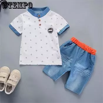 Комплект из 2 предметов для малышей, летняя мода, комплект с джинсовыми шортами с полным принтом и якорем, с короткими рукавами и воротником-стойкой 80 чёрный