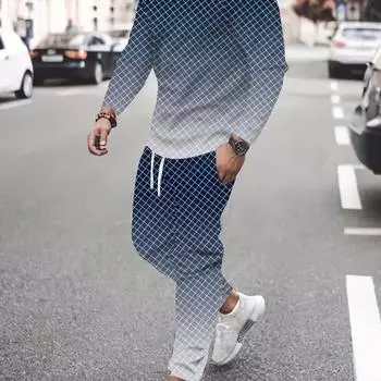 Комплект из 2 предметов для мужчин больших размеров с 3D-геометрическим узором и принтом, повседневный спортивный комплект, футболка с длинным рукавом и штаны для фитнеса S