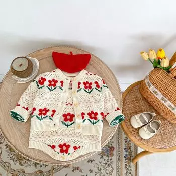 Комплект из 2 предметов для новорожденных девочек, вязаный цветочный комбинезон, кардиган с принтом, симпатичные комплекты детской одежды bafanou 86176 66cm(3-6M) бежевый