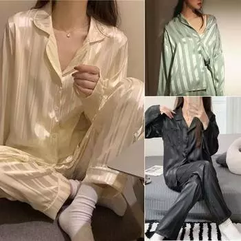 Комплект из 2 предметов для женщин и девочек, пижамные штаны из искусственного шелка, черная полосатая домашняя одежда для девочек, длинная M