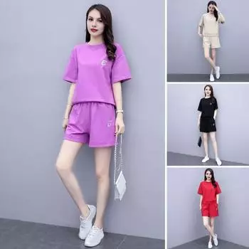 Комплект из 2 предметов для женщин, летний топ с круглым вырезом и короткими рукавами, короткие спортивные штаны M хаки
