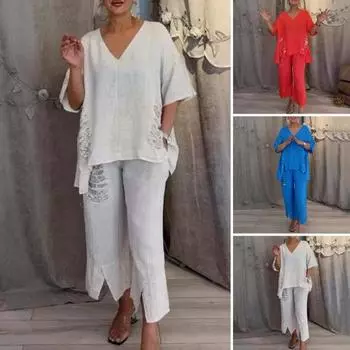 Комплект из 2 предметов: футболка, брюки, осень-весна, женский, с короткими рукавами, V-образным вырезом, эластичный топ XXXL синий