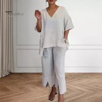 Комплект из 2 предметов: футболка, брюки, осенне-весенний женский комплект с короткими рукавами, V-образным вырезом, рваный топ, эластичная резинка на талии, брюки с пайетками, спортивный брючный костюм для поездок на работу XXXL красный