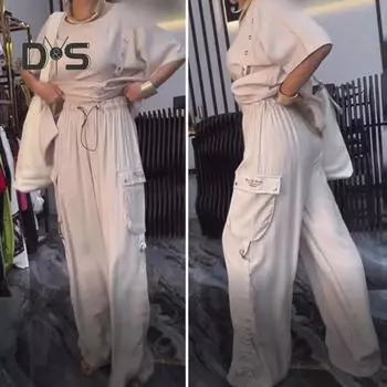 Комплект из 2 предметов: футболка, брюки, осенне-весенний женский комплект, короткий рукав, круглый вырез, плиссированный топ, эластичная резинка на талии, широкие брюки, повседневный спортивный брючный костюм M белый