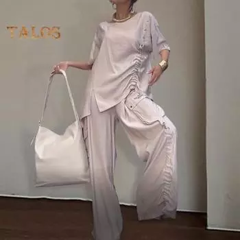 Комплект из 2 предметов: футболка, брюки, осенне-весенний женский комплект, короткий рукав, круглый вырез, плиссированный топ, эластичная резинка на талии, широкие брюки, повседневный спортивный брючный костюм M белый