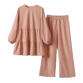 Комплект из 2 предметов: футболка и брюки, однотонный, с круглым вырезом, длинным рукавом, плиссированный топ в стиле пэчворк, широкие брюки, эластичный пояс, карманы, женские брюки Ca M хаки