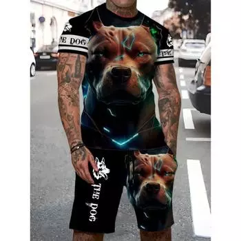 Комплект из 2 предметов: футболка, шорты, новинка, собака, 3D-принт, мужской, полиэстер, трикотаж, повседневный, спортивный, всесезонный, пляжная одежда, праздничный, выходной наряд S