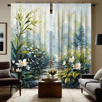 Комплект из 2 предметов HD, большой, натуральный, цветочный декор, занавеска с зеленой завязкой, цифровая печать, украшение для дома, стиль украшения li W52H63inchW132H160cm