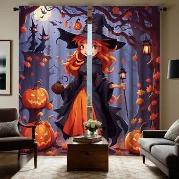 Комплект из 2 предметов HD Digital фиолетовый галстук Хэллоуин тыква ведьма занавеска украшение дома стиль Украсьте гостиную спальню штанга занавеска W52H63inchW132H160cm