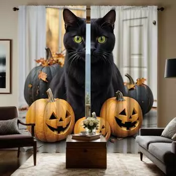 Комплект из 2 предметов HD Хэллоуин Черная кошка тыква декоративная занавеска Черная галстук цифровая печать занавеска Домашнее украшение стиль Украсить l W52H63inchW132H160cm