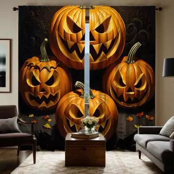 Комплект из 2 предметов HD Хэллоуин четыре тыквы осень кленовый лист декоративная занавеска черный галстук цифровая печать занавеска украшение дома стиль W52H63inchW132H160cm