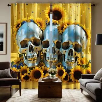 Комплект из 2 предметов HD Хэллоуин Подсолнухи окружают череп занавески Желтые галстуки цифровая печать занавески Домашний декор стиль Украсьте гостиную r W52H63inchW132H160cm