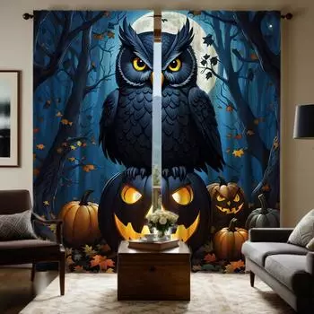 Комплект из 2 предметов HD Хэллоуин Темная ночь сон Голова орла декоративная занавеска с синей завязкой цифровая печать занавеска украшение дома стиль D W52H63inchW132H160cm