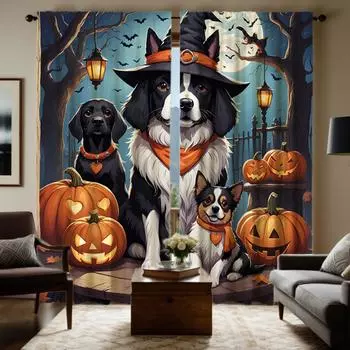 Комплект из 2 предметов HD Хэллоуин Три собаки тыква декоративные шторы Black tie цифровая печать шторы Home Decor стиль декор Living W52H63inchW132H160cm