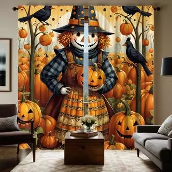 Комплект из 2 предметов HD Хэллоуин тыква нашивка пугало декоративная занавеска Желтая завязка цифровая печать занавеска украшение дома стиль Декабрь W52H63inchW132H160cm