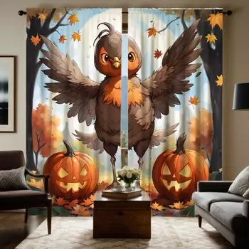 Комплект из 2 предметов HD Хэллоуин Тыква Петух Кленовый лист декоративная занавеска Коричневый галстук цифровая печать занавеска Домашнее украшение стиль D W52H63inchW132H160cm