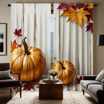 Комплект из 2 предметов HD Хэллоуин Желтая тыква Кленовый лист декоративная занавеска Белый галстук цифровая печать занавеска Домашнее украшение стиль De W52H63inchW132H160cm