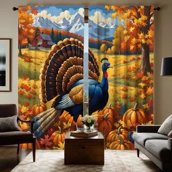 Комплект из 2 предметов HD Harvest Festival Garden тыква кленовый цветок павлин декоративная занавеска Желтая завязка цифровая печать занавеска Дом d W52H63inchW132H160cm